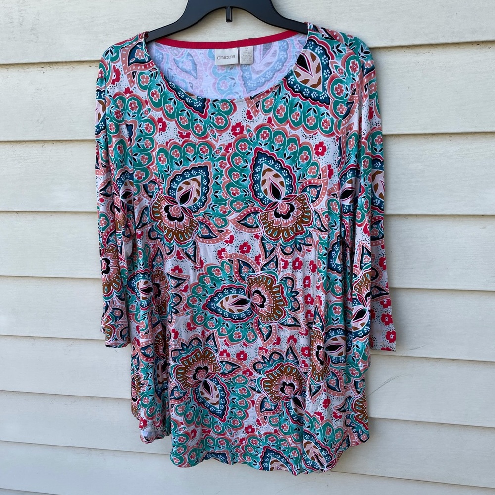 Chico’s 2 Large Top Stretch Soft 3/4 Sleeve Tunic Swing Tee Comfort Colorful - Picture 3 of 5